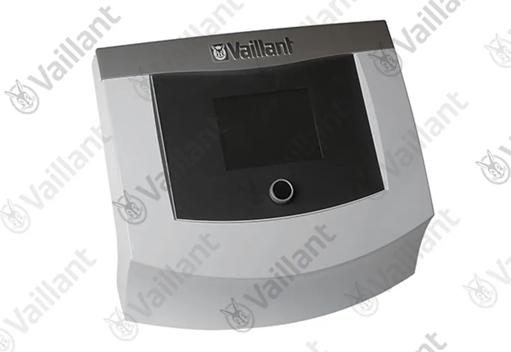 Vaillant Display-Gehäuse mit schwarzem Bildschirm und Bedientaste, montiert an einem eleganten, gebogenen weißen Gehäuse ohne sichtbare Anschlussstellen oder Bedienelemente.
